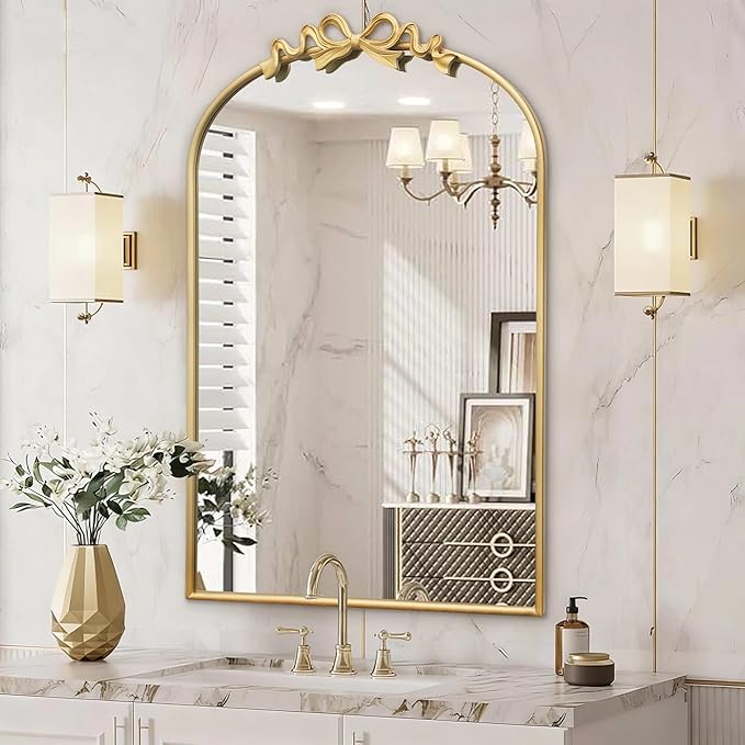 Besdomus Vintage Arched Gold Mirror: 24"x36" Large Gold Antique Bow Wall Mounted Mirror - Baroque Traditional Ornate for Entryway/Fireplace/Bathroom/Hallway - Wall Decor for Housewife