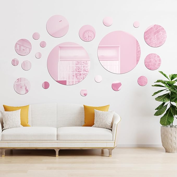 Shappy 32 Pcs Acrylic Mirror Wall Stickers Removable Round Wall Decal Circle Mirror Tiles for Home Bathroom Living Room Bedroom TV Background Decor (Pink,Small Size)