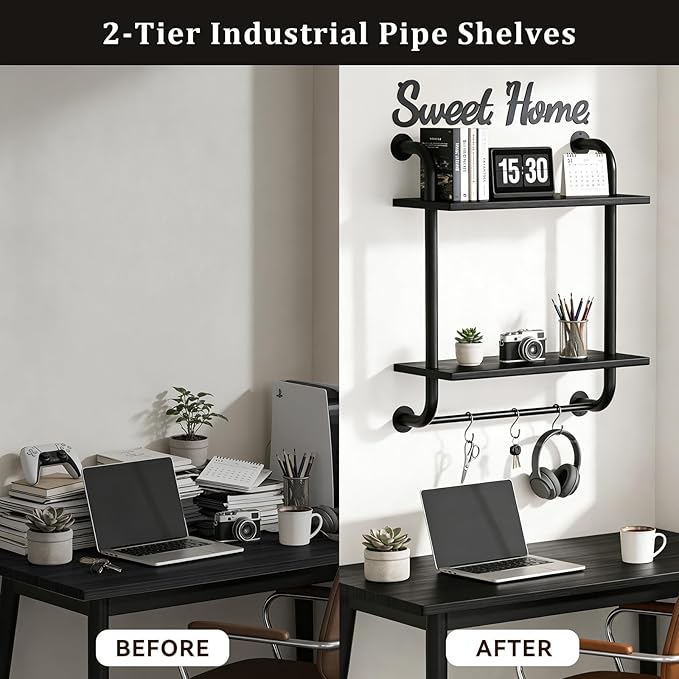 Tinpin Bathroom Shelves Wall Mounted, Rustic Farmhouse Pipe Shelves, Wall Shelves 2-Tier, Industrial Pipe Shelving, Floating Shelf Decor for Bathroom, Bedroom, Living Room Thanksgiving 17.3in Black