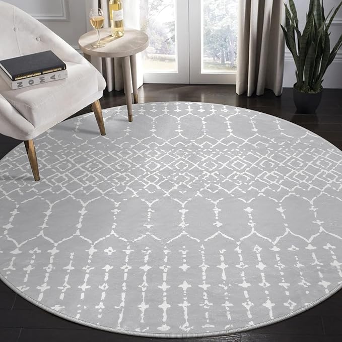 Lahome Moroccan Washable Round Rug 4Ft Round Area Rugs for Bedroom Non-Slip Grey Stain Resistant Round Kitchen Rug, Modern Geometric Print Indoor Floor Circle Carpet for Entryway Living Room Sofa Hana