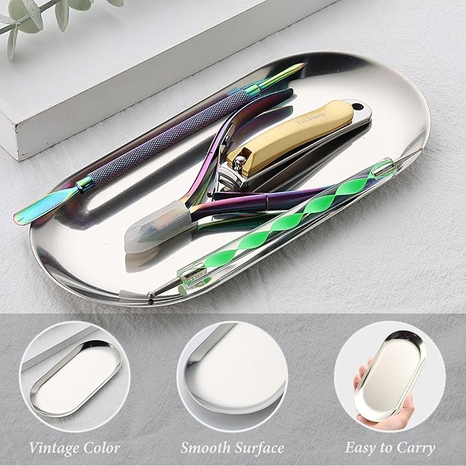 SUTOKAKA 2 Pack Stainless Steel Silver Decorative Tray, Small Oval Perfume Jewelry Candle Dish, Dinner Macarons Dessert Plate for Home Entry Decor Bathroom Kitchen Storage