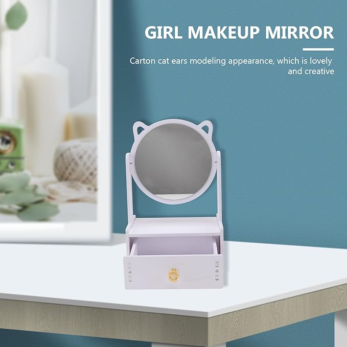 Desktop Cosmetic Mirror with Storage Drawer, Large Round Rotating Makeup Mirror for, Portable Vanity Organizer Box for Home and Bedroom Use