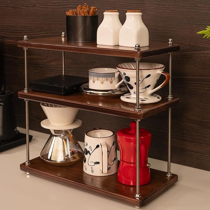 Solid Wood Coffee Station Organizer & Spice Rack for Kitchen Countertop, Corner 3 Tier Industrial Heavy-duty Adjustable Shelf with 304 Thread Rod for Coffee Bar Accessories, Walnut Finish