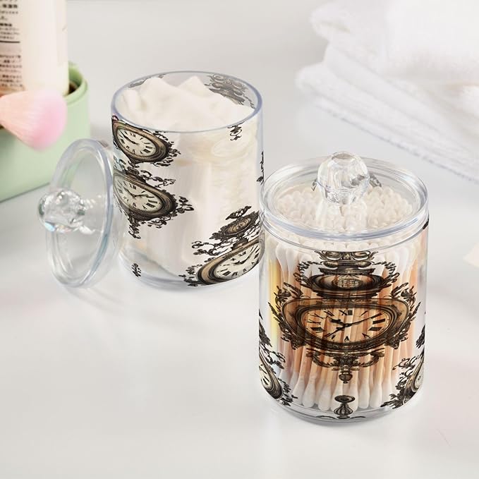 Nander 2Pack Clock Qtip Holder Dispenser -Clear Plastic Apothecary Jars Set - Restroom Bathroom Makeup Organizers Containers for Cotton Swab, Ball, Pads, Floss