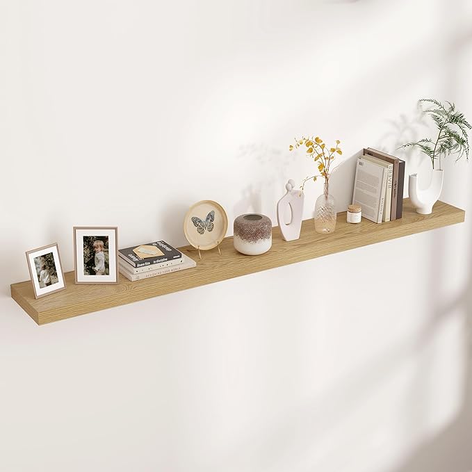 Venusmiles Floating Shelves for Wall, Engineered Wood Wall Shelves with Invisible Brackets for Living Room Bedroom Bathroom Office Kitchen Decor and Storage (Oak, 72" W x 9" D x 1.5" H) Set of 1