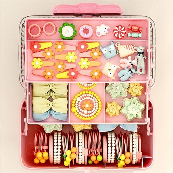 3-Layer Kids Hair Accessories Organizer with Bowknot Lock Cute Jewelry Box Headband Hair Tie Clip Organizer Box for Little Girls - Pink
