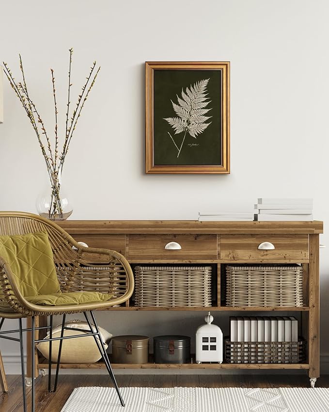 Bzstyleart Vintage Wall Art Decor Bedroom, Vintage Gold Framed Artwork, Fern Leaves Botanical wall Art Living Room, Canvas Picture Painting Room Decor Aesthetic, 12 x 16 Inch