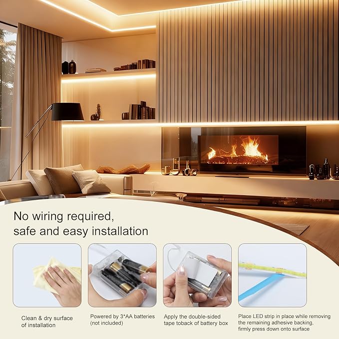 ZSLAIFU 2Pack Battery Powered LED Strip Lights, 3.28FT COB LED Light Strip, Warm LED Strip Light for Under Cabinet, Closet, Shelves, Bedroom, DIY Lighting Battery LED Strip Lights