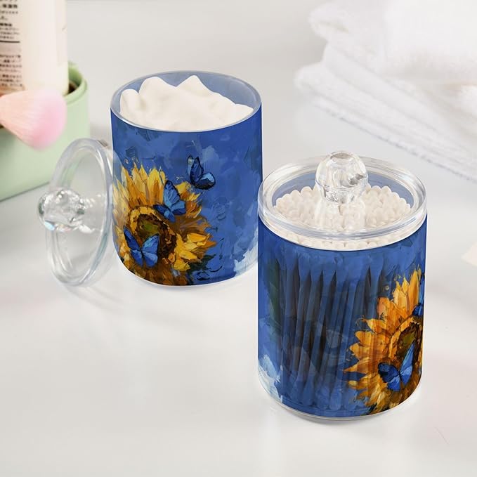 2 Pack Apothecary Jars Yellow Sunflower and Butterfly Bathroom Vanity Storage Organizer Set,Small Clear Plastic Storage Jars Bathroom Canister for Cotton Swabs, Rounds, Balls, Qtips,Makeup Spon