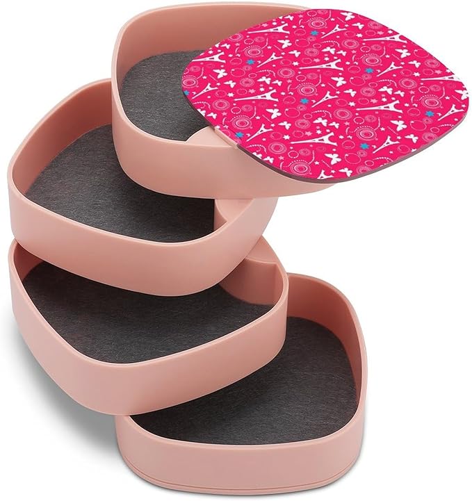 4-Layer Rotating Jewelry Storage Tray Paris Eiffel Tower Butterfly Pink Necklace Ring Earring Organizer Box with Mirror for Bracelets Ring