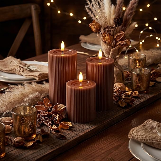 Fluted Ribbed LED Pillar Candles, Brown, with Reflective Melted-Wax Effect – Flickering Flame, Remote, Dimmable, Flameless, Battery Operated, Home & Wedding Decor (Set of 3)
