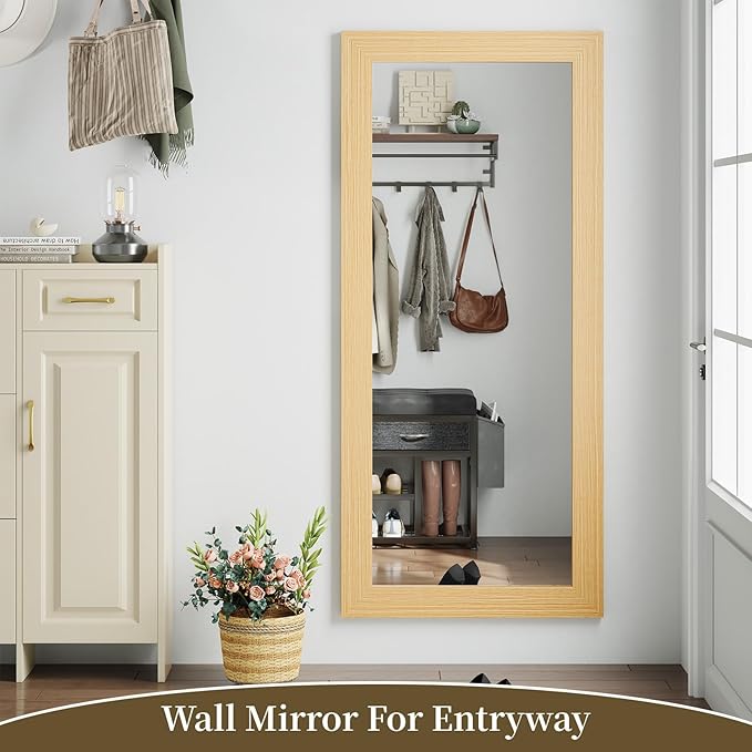 Syndra Modern Full Length Mirror Wood Frame, 65x24'' Large Floor Mirror with HD Tempered Glass & Wall Mount Option, Rectangular Standing Mirror for Bedroom, Living Room, Entryway, Farmhouse(Natural)