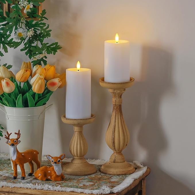 Yeelida Outdoor 4pcs Flameless Waterproof Candles with Handy Remote Control, Cycle Timer Battery Operated Candle Grease Effect LED Flickering Pillar Plastic Long Lasting (White, 3" x4" 5" 6" 7")