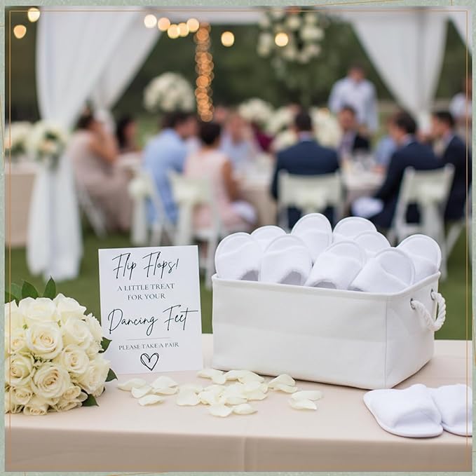 AceOrbit Wedding Basket with Handle "treat for Your Dancing Feet" Table Sign Linen Fabric Rectangular Storage Basket Bin for Organizing Wedding Slippers Bridal Shower Flip Flops Dancing Shoes