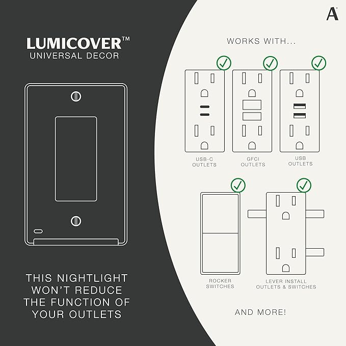 AMERELLE Universal LumiCover Wallplate with Built-In Night Light, White, Décor - Easy DIY Installation, Convenient Low-Profile Design, for GFCI Outlets and Décor Outlets & Switches