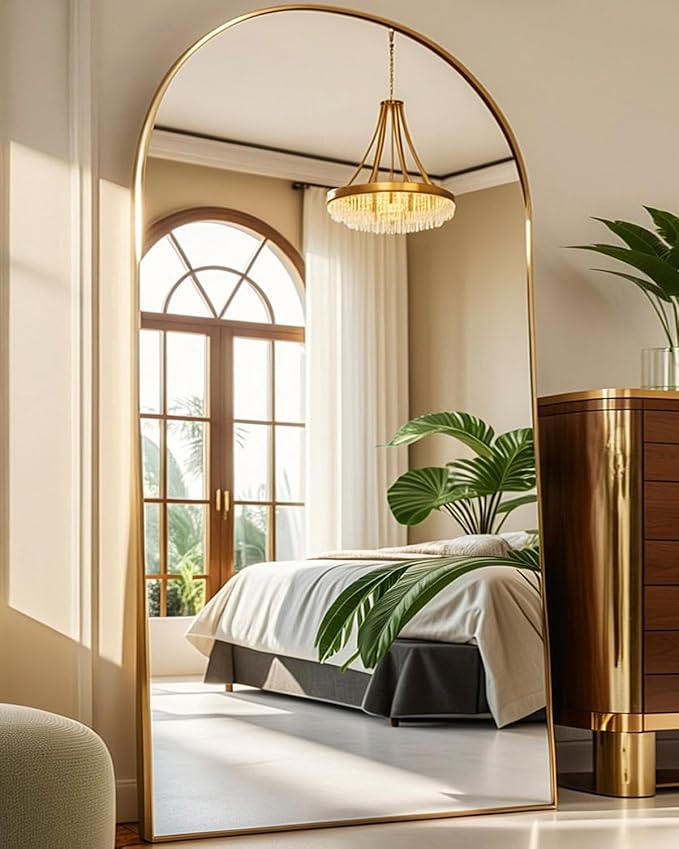 NEARBYSD Arched Full Length Mirror81 x41 Full Body Floor Mirror Standing Hanging or Leaning Wall, Arch Wall Mirror with Stand Aluminum Alloy Frame for Bedroom Cloakroom Gold