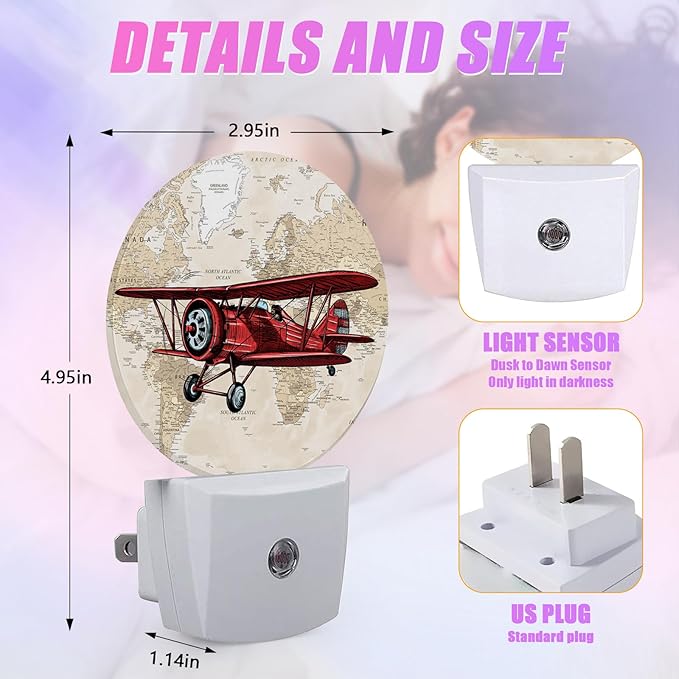Vintage Airplane Night Light World Map Night Lights LED Lamp Round Plug into Wall Nightlight with Dusk to Dawn Sensor Home Hallway Stairway Kitchen Decor