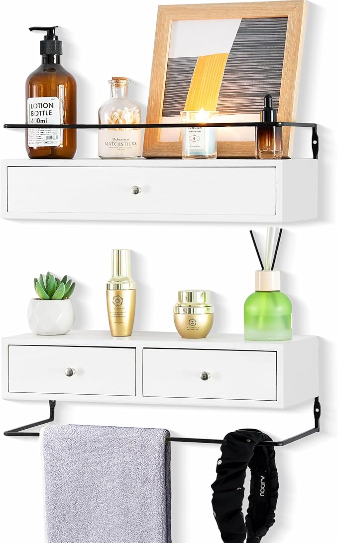 DreamPossible Floating Shelves for Wall Storage - Wall Mounted Bathroom Shelf Set of 2 with Drawers, Rustic Wood Shelves for Bedroom, Living Room, Kitchen, Home Decor, Plants, Books