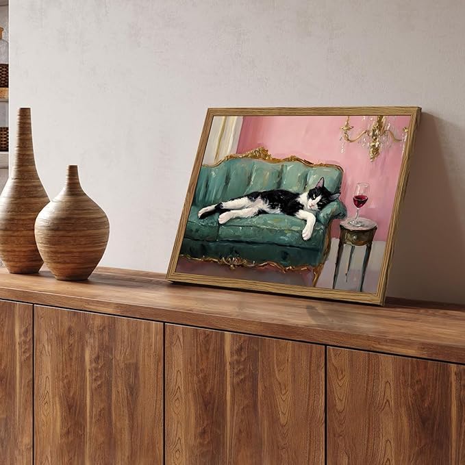 Fun Cat Wall Art Cute Tuxedo Cat With Red Wine Wall Decor Whimsical Animal Cocktail Bar Cart Canvas Poster Quirky Pet Lover Picture Print for Dining Room Living Room Wood Framed 12x16 inch