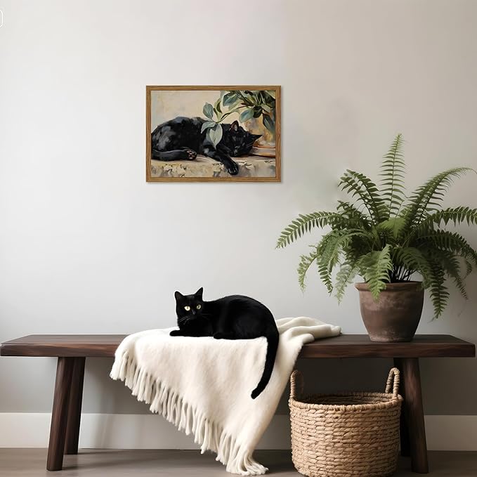 Framed Black Cat Canvas Wall Art, Vintage Sleeping Cat with Plant Picture Wall Decor Paintings, Cute Animal Poster Prints Rustic Aesthetic Home Decor for Living room Bedroom Bathroom 16x24 inch