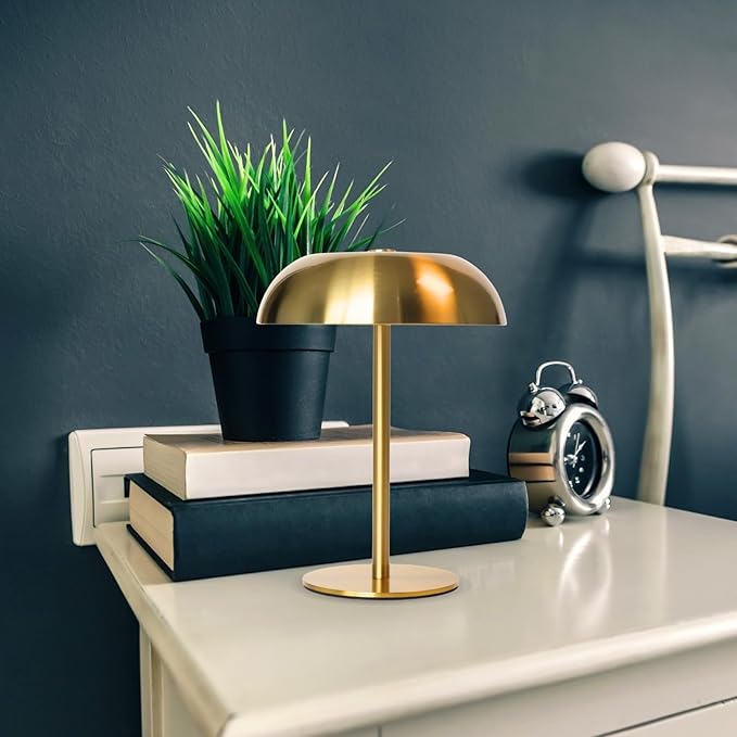 Portable LED Mushroom Table Lamp, 8.46'' Metal Small Cordless Desk Night Light with 5200mAh Rechargeable Battery, Stepless Dimming Lamp with 3 Colors for Bedroom/Bar/Coffee Shop (Gold)