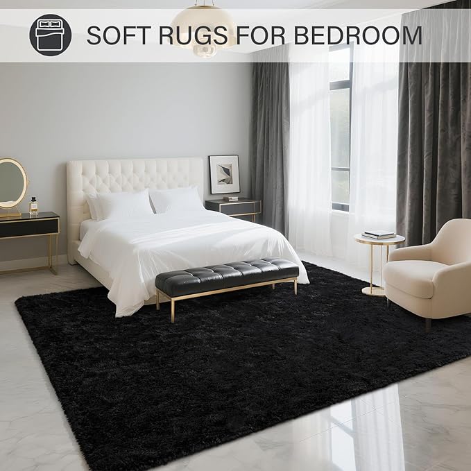 BENRON Fluffy Rugs for Living Room 6x9 Black, Washable Large Area Rugs for Bedroom Dining Table Office Kids Nursery Room, Washable Indoor Floor Carpets