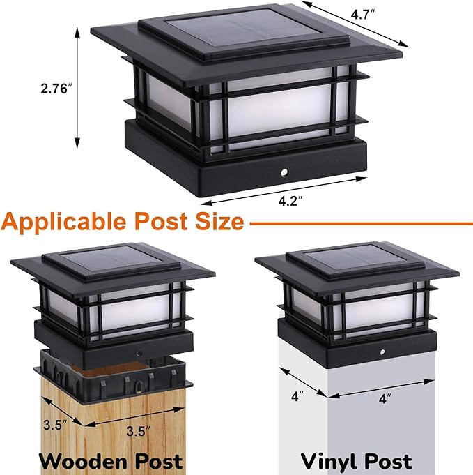 Dynaming 4x4 Solar Post Cap Lights Outdoor with 2 Color Modes, Fence Post Solar Lights Black Shell Fit for Vinyl/Wooden Posts, High Brightness SMD LED Lighting Decor for Garden Deck Patio, 2 Pack