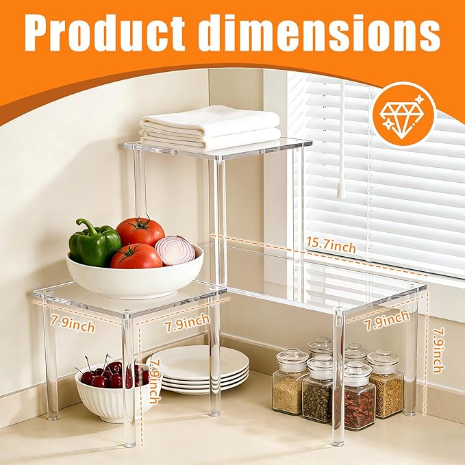 3 PCS Acrylic Corner Countertop Organizer, 2-Tier Adjustable Stackable Shelves(1 Large 2 Small), Clear Storage Rack for Kitchen Bathroom Cabinet Tabletop Coffee Bar and Spice