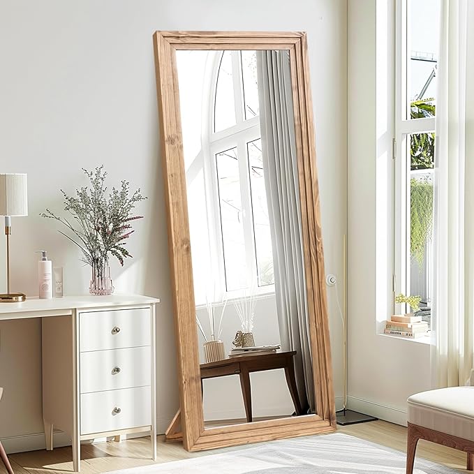 65"x22" Full Length Mirror Solid Wood Frame Floor Mirror with Stand for Living Room, Bedroom Hanging Standing or Leaning, Wood Color