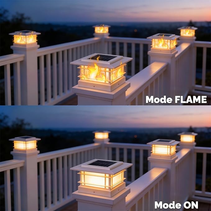 Dynaming 4x4 Solar Post Cap Lights Outdoor with Flickering Flame Light, White Shell Fence Post Solar Lights Fit Vinyl/Wooden Posts, Brightness LED Lighting Decor for Garden Deck Patio, 12 Pack