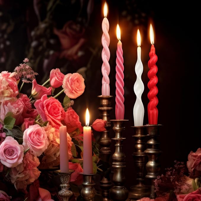 Nuanchu 4 Pcs Twisted Taper Candles Wax Unscented Smokeless Spiral Swirl Candlesticks for Wedding Holiday Dinner Party Home Decorations(7.87 Inch,Pure,Valentines Color)
