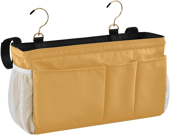 Mustard Yellow Bedside Caddy Storage Bag Bedside Organizer for Bunk Bed Headboards College Hanging Bag Bedside Shelf 6 Pockets with Hooks for Magazine Water Bottle Holder