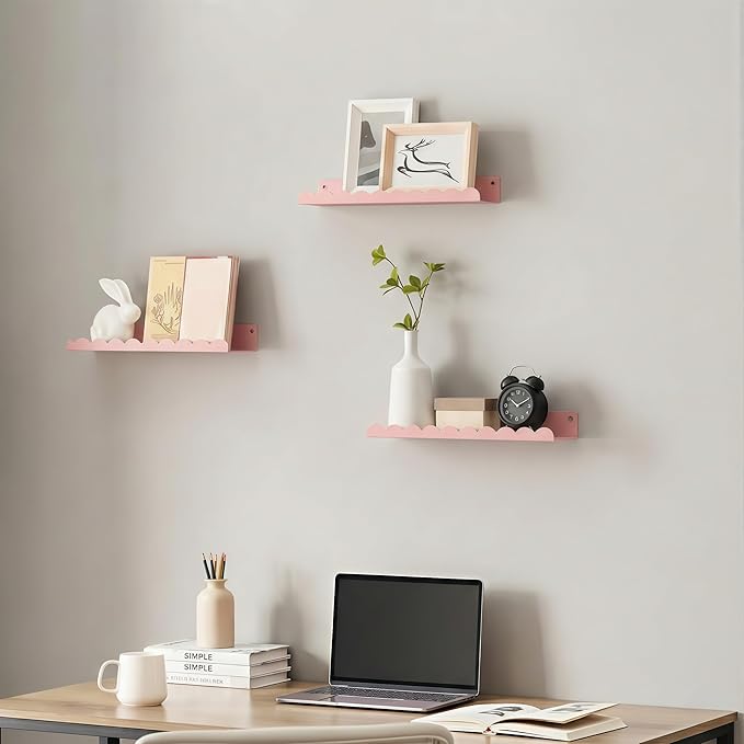 Nursery Book Shelves Set of 6, Pink Metal Floating Shelves for Wall, 16 Inch Scalloped Book Shelf for Kids Room, Bathroom, Bedroom, Playroom Wall Decor & Storage