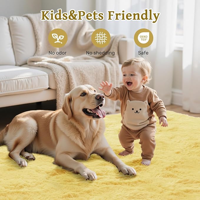 5x7 Yellow Rug for Living Room Shag Area Rugs Fluffy Bedroom Plush Carpet Thick Non Slip for Nursery Kids PlayRoom Home Decor Aesthetic