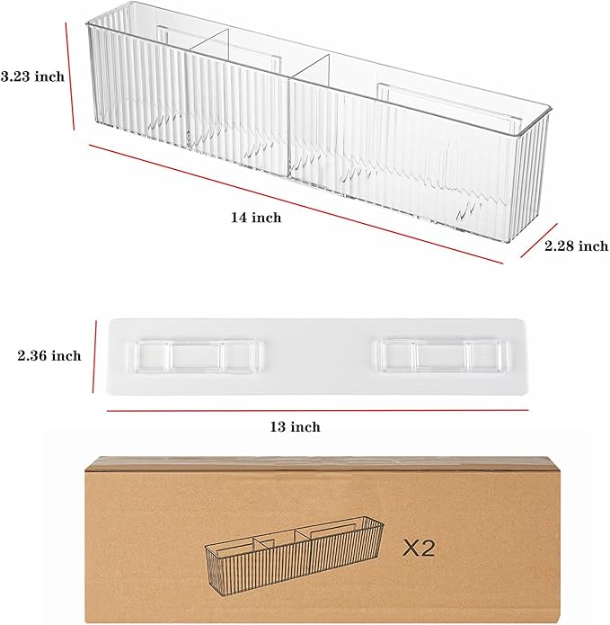 2 Pack Bathroom Wall Makeup Organizer Clear Bathroom Organizers and Storage with 3 Compartments Plastic Storage Organizer Bins Floating Shelves for Wall, Narrow Space, Office, Bedroom 14''Length