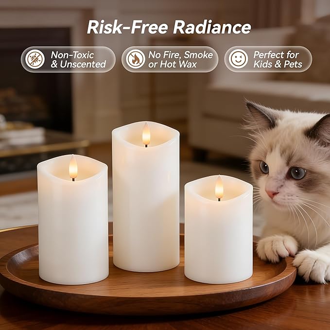 Rechargeable Flickering Flameless Candles Melted Edge Battery Operated with Remote and Timer, Real Wax LED USB Type-C Pillar Candles, Set of 3 (3" x 4",5",6"), White,Home Decor