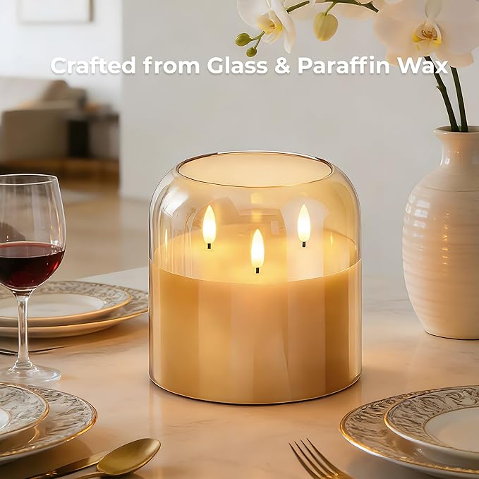 3 Wick Glass Flameless Candle with Remote and Timer, 6"x6" Extra Large Real Wax LED Pillar Candle Battery Operated with 3D Flickering Flame for Festival Wedding Home Party Decor (Gold)