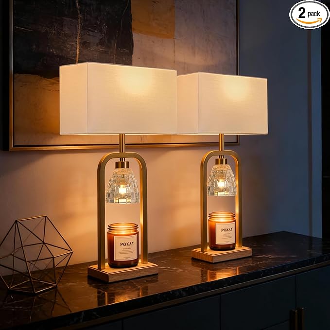 PoKat Electric Candle Warmer Lamps Gold, Lamp Candle Warmers with Timer Dimmer, Wax Light Warming Table Lamps Set of 2 for Jar Candles, Modern Bedside Lamp for Home Decor Living Room, Bulb Included