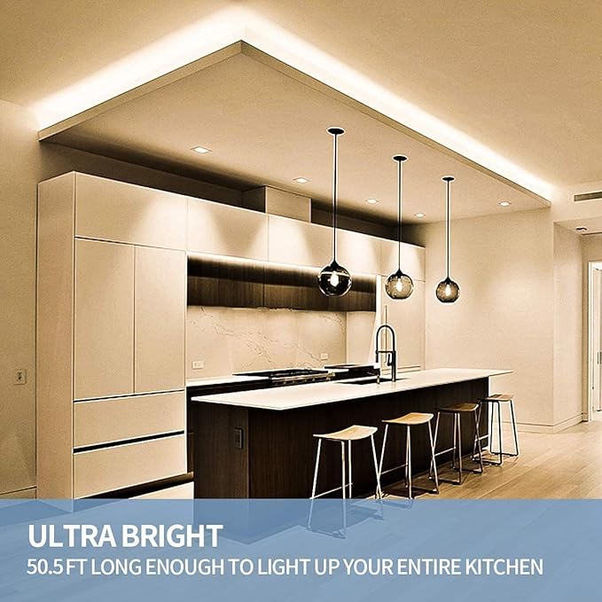 Led Strip Lights 50.5ft Warm White Dimmable Led Light Strip Flexible Rope Lights Kits with 24v Etl Power Supply, Adhesive Clips, Dimmer Switch and Connectors for Indoor Decor