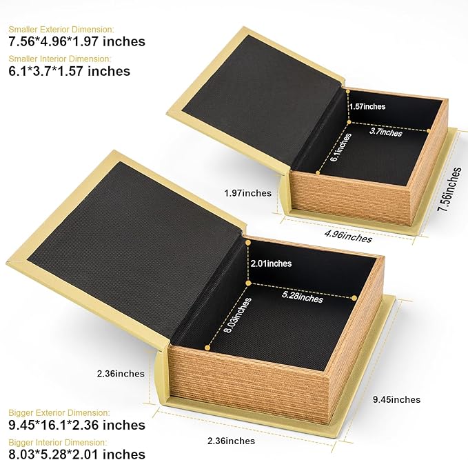 Decorative Books Storage Box Leather & Wood Decor Aesthetic Home Decor for Coffee Tables Bedside Tables Bookshelves Secret Storage for Jewelry,Keys Data cables,photos,souvenirs,set of 2
