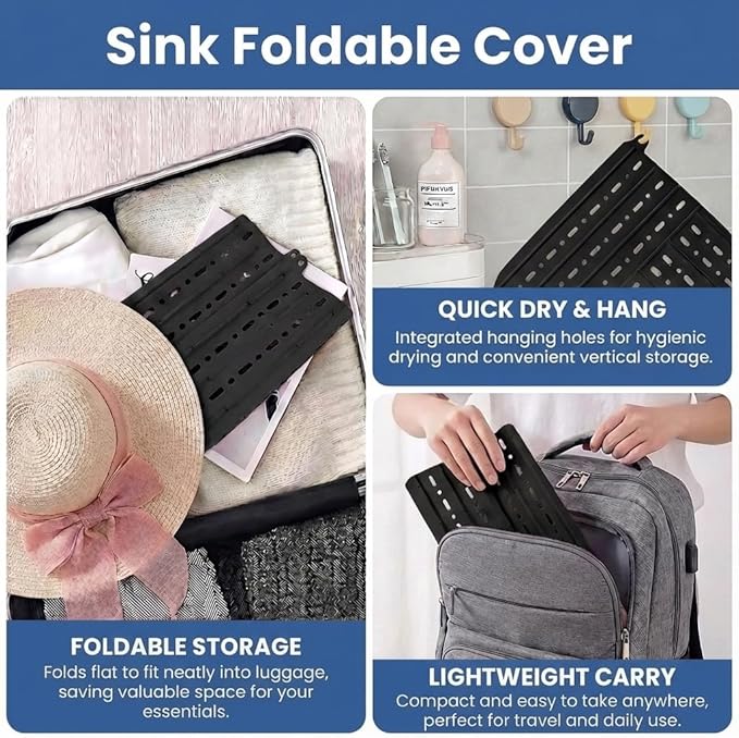 Sink Foldable Cover, Bathroom Sink Top Cover Space Saver, Silicone Makeup Organizer Mat for Over Countertop Bathroom Accessories (Black)