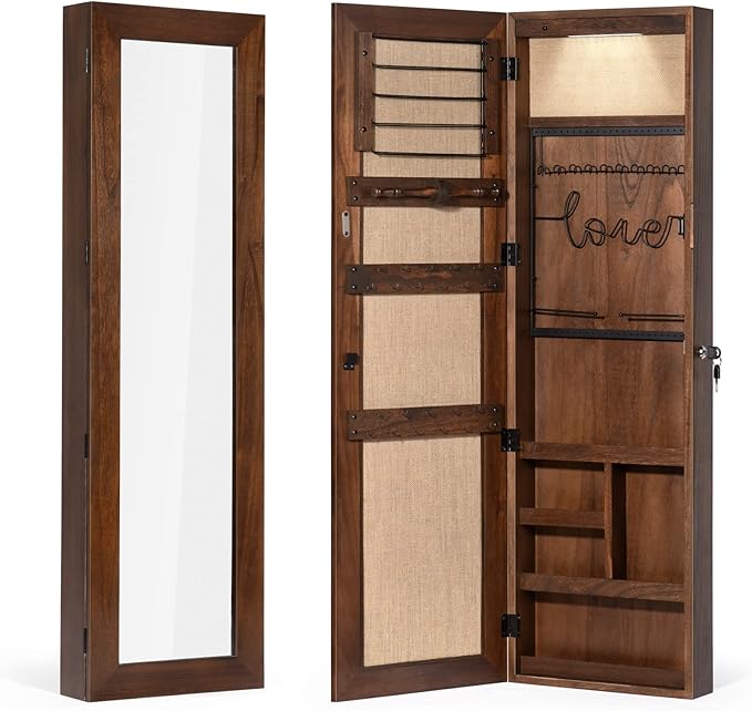 SRIWATANA Jewelry Organizer, Wall/Door Mounted Jewelry Armoire Cabinet with Mirror, Solid Wood(Dark Brown)