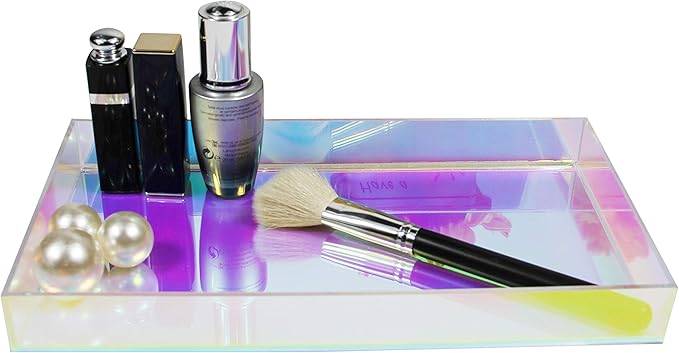 Iridescent Acrylic Tray 10.5" x 5.5", Vanity Tray for Dresser with Non-Slip Base, Small Bathroom Countertop Organizer for Makeup Perfume Jewelry, Cute Aesthetic Gift for Women, Purple