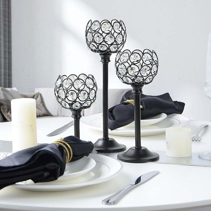 Set of 3 Balck Crystal Metal Tealight Candlestick, Bling Bowl Candelabras, Tall Votive Candle Holders Elegant Candle Centerpiece for Dining Table Wedding Decor