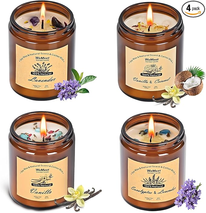 WEMEET Scented Candles Set, 4 Pack Aromatherapy Candle with Crystals, 28 oz 160 Hour Long Lasting Candle, Soy Wax Scented Candle with Dried Flowers, Gifts for Men, Women, Birthday, Mother's Day