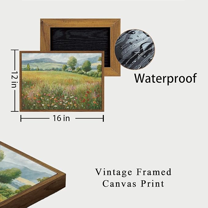 OIQArtOIQ Vintage Landscape Framed Wall Art Spring Countryside Colorful Wildflower Field Canvas Art Prints Farmhouse Cottagecore Pictures Wall Decor Rustic Meadow Paintings Artwork For Kitchen Bedroom