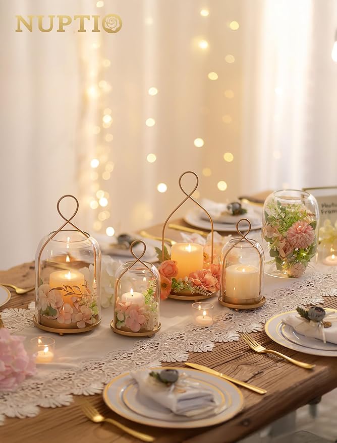 NUPTIO Glass Lanterns Decorative Outdoor: Gold Hurricane Candle Holders for Pillar Candles - Set of 2 Hanging Lantern for Home Thanksgiving Christmas Party Centerpiece