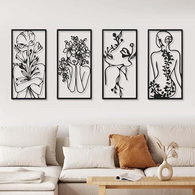 Cindeer 4 Pcs Metal Wall Art Decor Minimalist Abstract Woman Wall Art Line Drawing metal line art Home Hanging Art Decor for Bedroom Kitchen Bathroom Living Room(Fresh,Black)