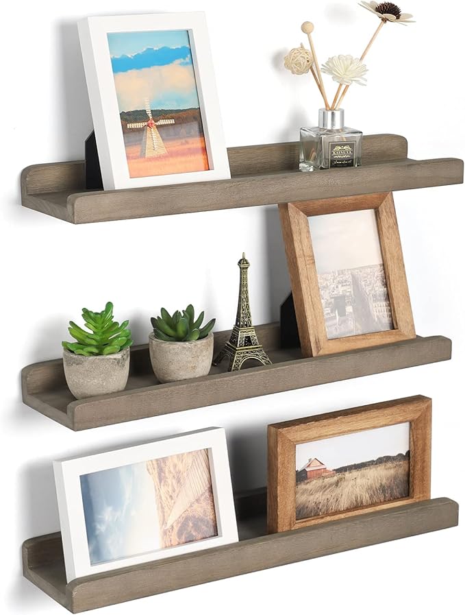 Emfogo Wood Picture Ledge Shelf Rustic Floating Wall Shelves Set of 3 for Storage and Display 16.9 inch Weathered Grey