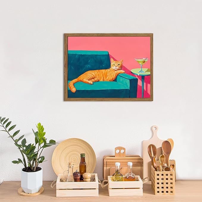 Funny Cat Wall Art Orange Cat With Martini Wall Decor Painting Whimsical Animal Cocktail Bar Cart Poster Canvas Prints Quirky Pet Lover Picture for Bedroom Living Room Wood Framed 16x24 inch